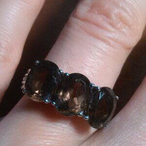 Brazilian Smokey Quartz Three Stone Stainless Steel Ring (Size 7)